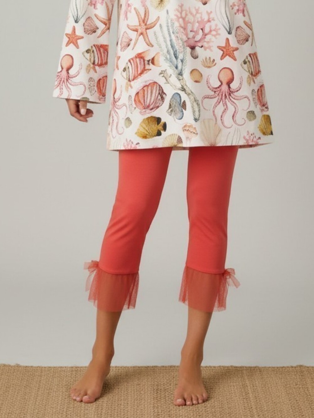 Womens' Capri Leggings with Tulle Ruffle Hem- Coral, Black, White